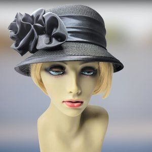 Black Dress Hat Church Hat with Satin Floral Rosette One Size Adjustable